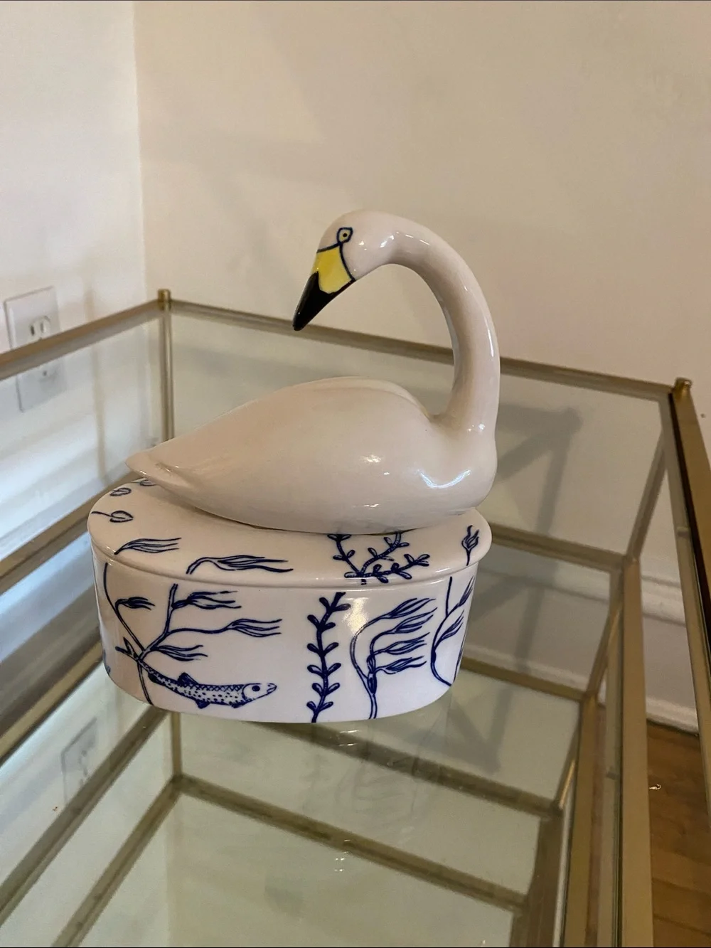 Anthropologie White Swan Ceramic Trinket Box with Blue Motif